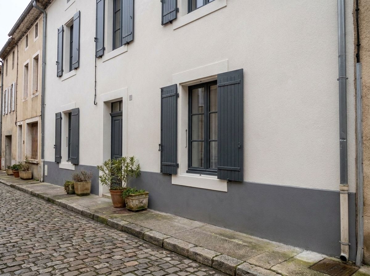 Maison de ville après ravalement, enduit blanc perle et volets anthracite
