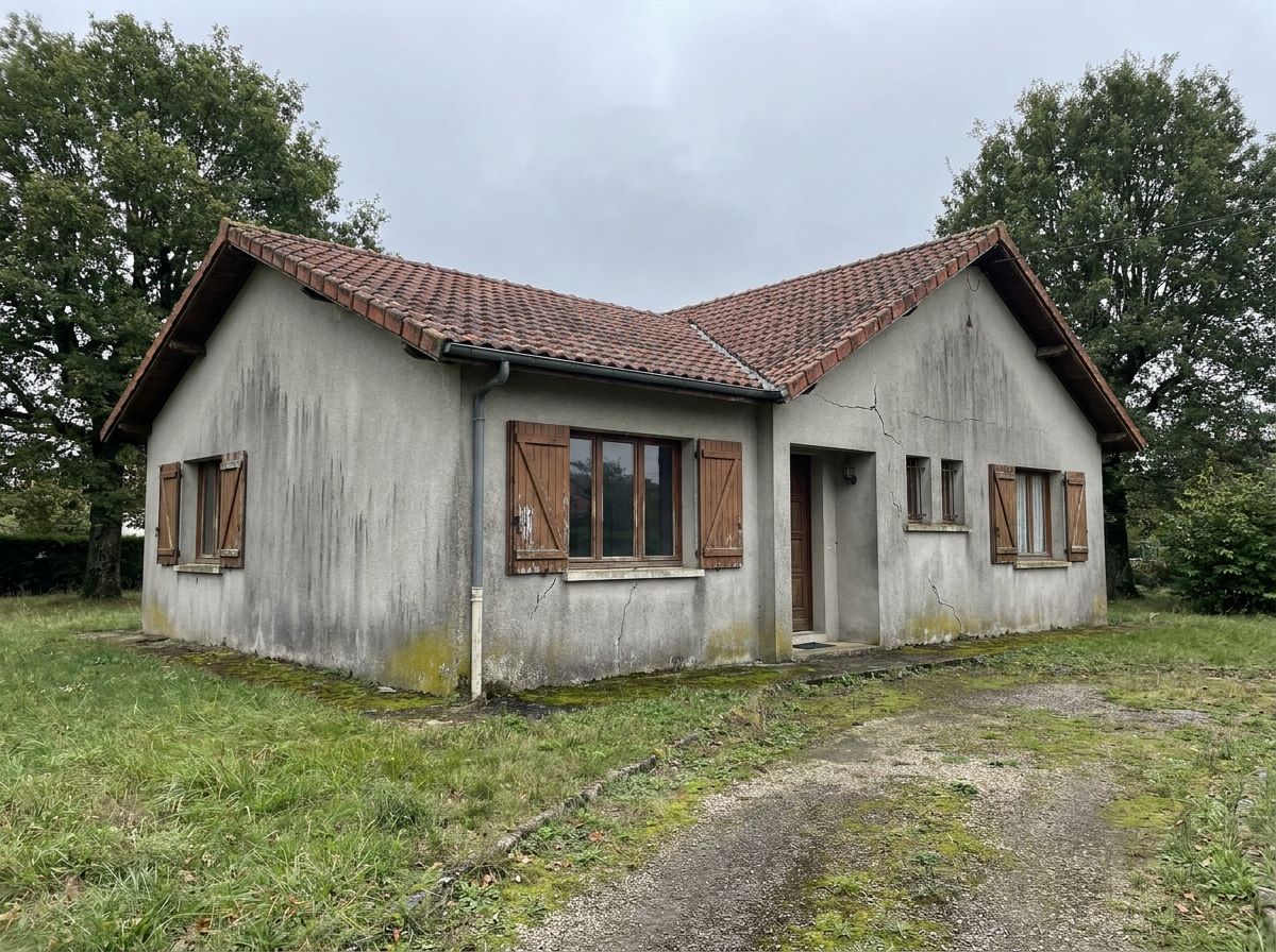Maison des années 70 avec enduit gris taché et fissuré, avant travaux