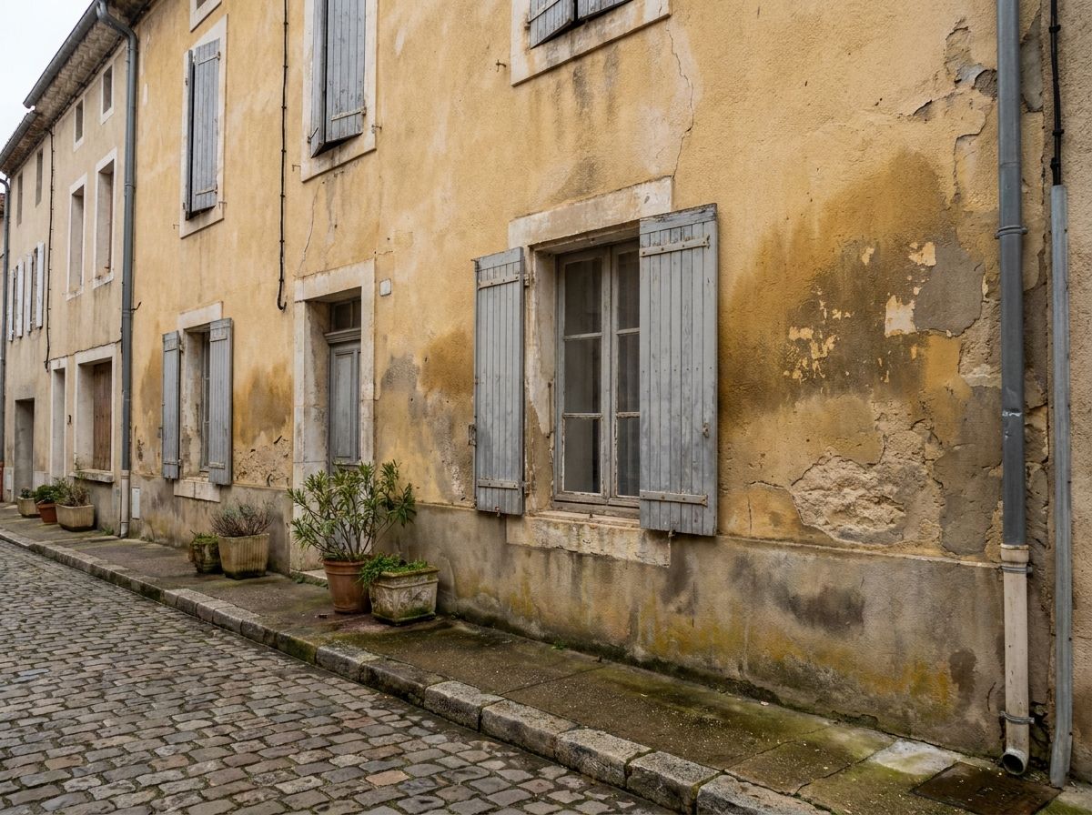 Maison de ville à la façade ocre écaillée, avant ravalement