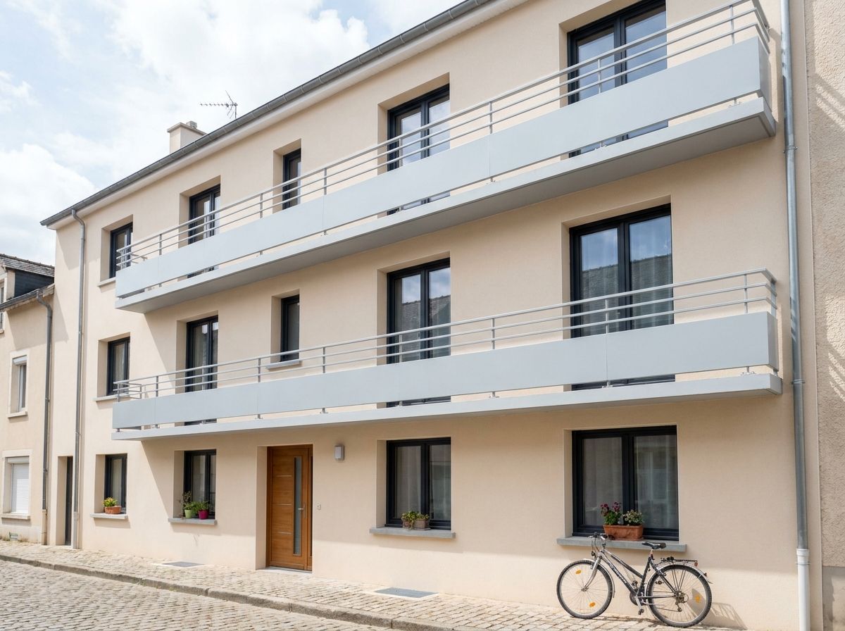 Petit immeuble rénové en beige avec bandeaux gris