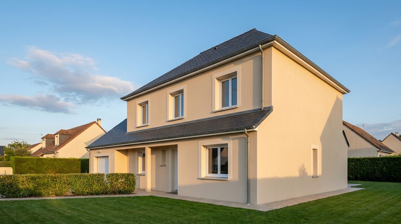 Maison individuelle rénovée avec une isolation thermique par l'extérieur et un enduit sable clair