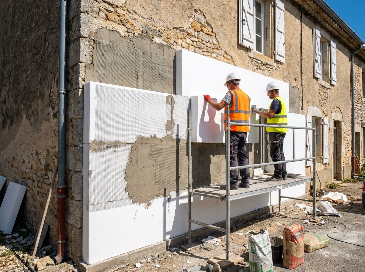 Pose de panneaux isolants sur une façade lors d'une ITE