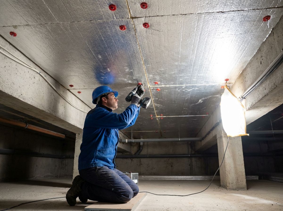 Panneaux isolants fixés sous un plancher bas